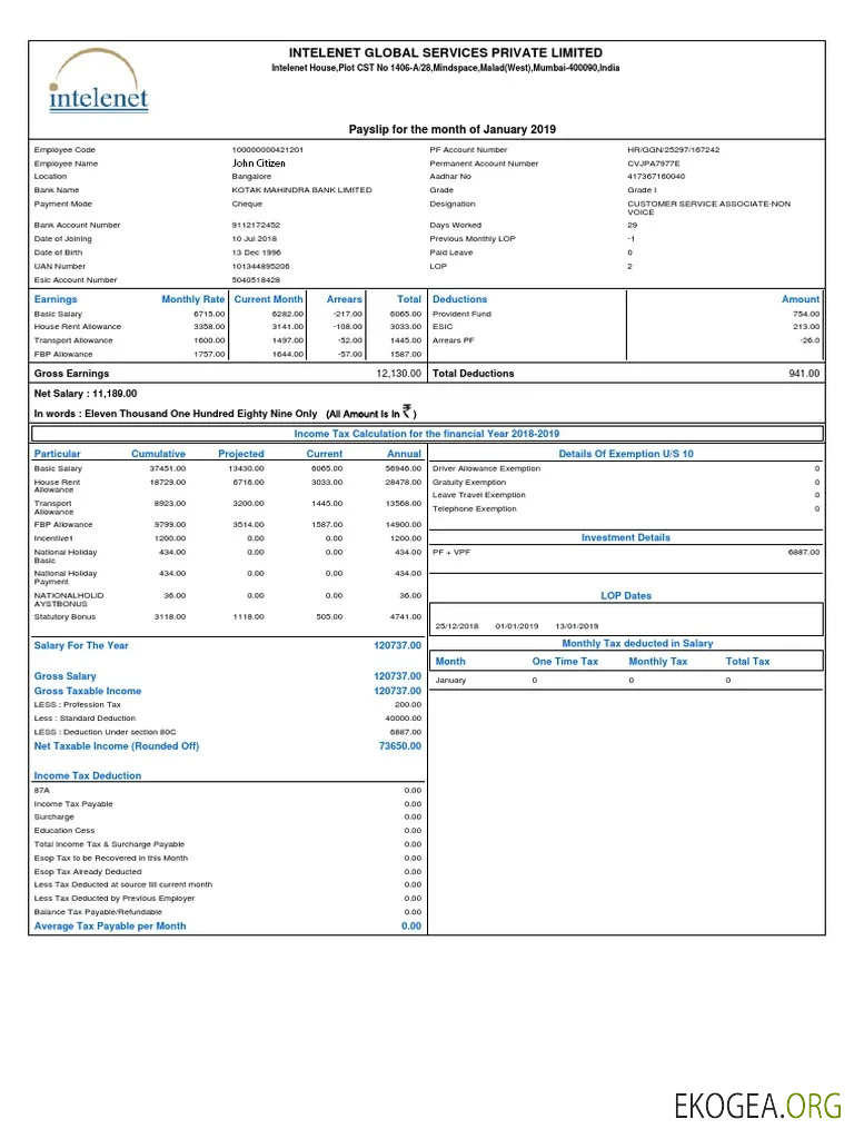Fiche de paie d'INDA INTELENET Global Services Limited aux formats Word et PDF